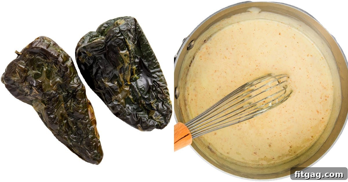 Irresistible Queso Blanco Dip 5 charred poblano peppers and queso dip in sauce pan.