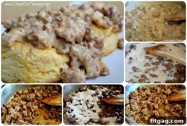 Close-up view of a skillet filled with rich, creamy homemade sausage gravy, ready to be served.
