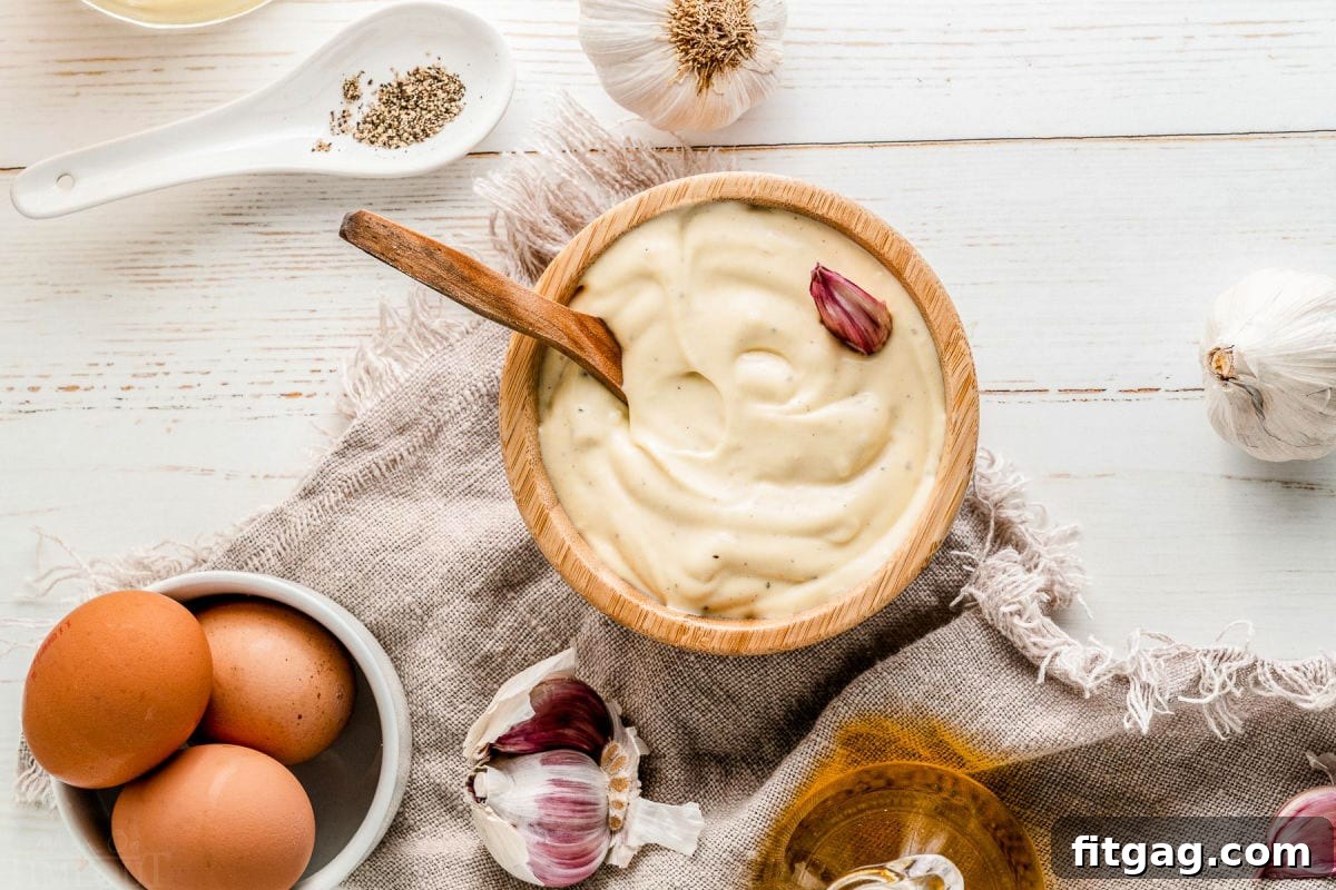 Top-down view of garlic aioli in a wooden bowl with a spoon, surrounded by scattered aioli ingredients like garlic and lemon.