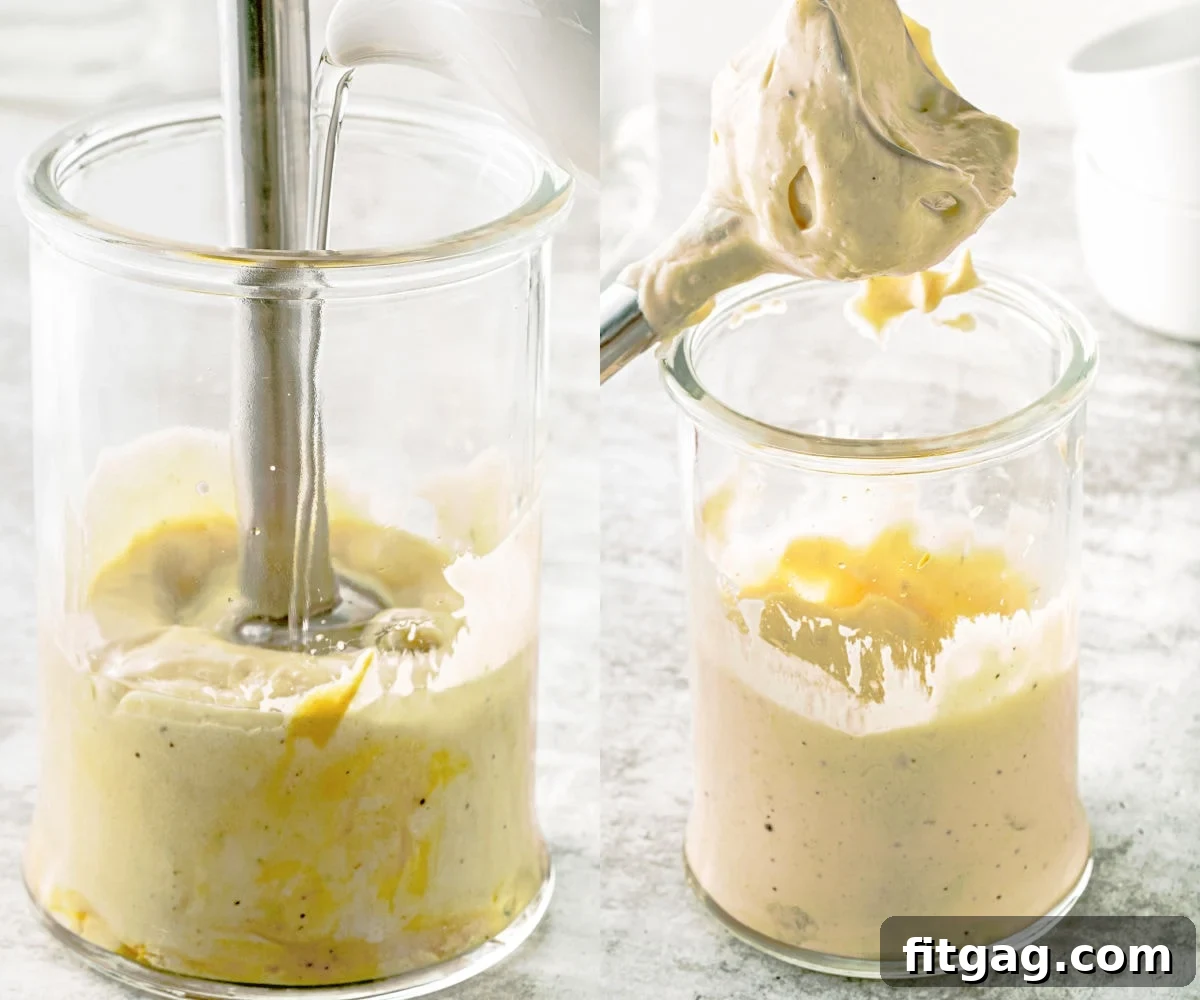 A two-image collage illustrating the process of blending aioli in a glass container, showing its transformation.