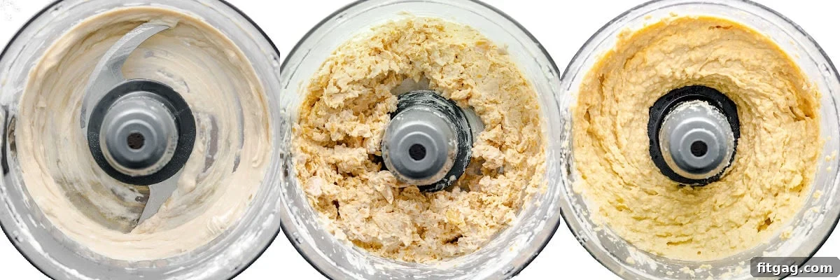 A three-image collage illustrating the process of making hummus in a food processor: first, tahini, water, and lemon juice blending; second, chickpeas and garlic being added; and third, the final smooth hummus texture.