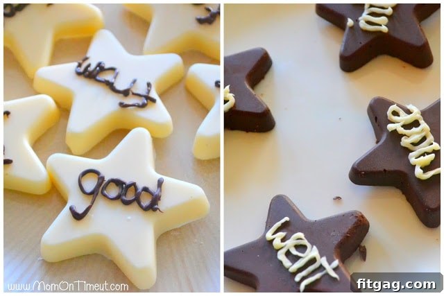 Chocolate stars with piped sight words: "him," "that," "this," "with," and "from."