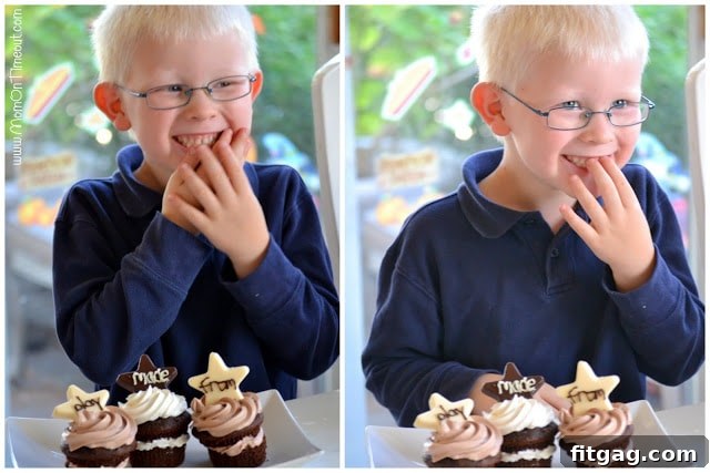 Reece looking at his personalized sight word chocolate cupcakes with excitement.