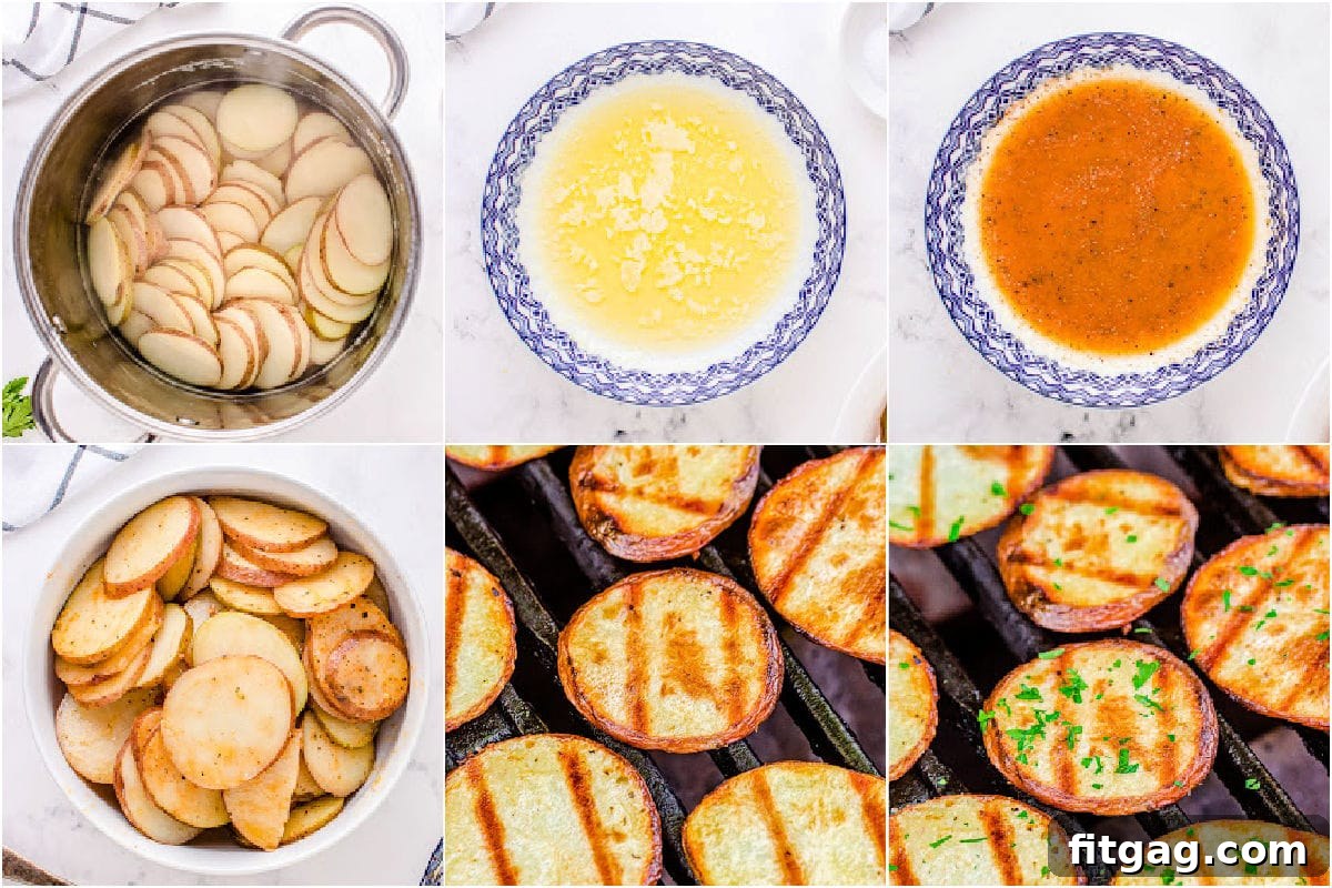 Smoky Garlic Herb Potatoes 6 A six-image collage demonstrating the step-by-step process of cooking crispy grilled potatoes, from slicing to serving.