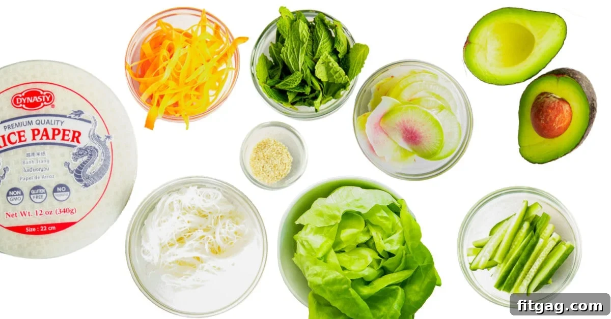 Spring roll ingredients measured out into small bowls, ready for assembly.