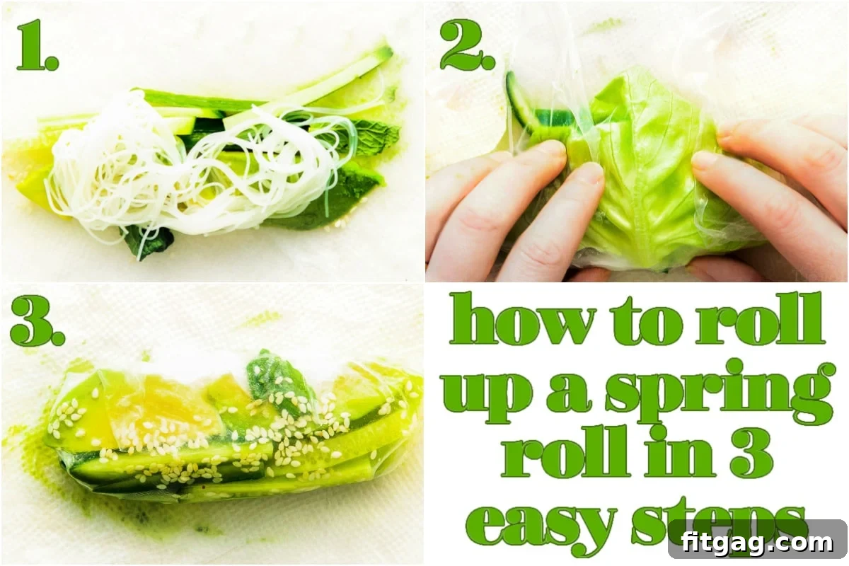 A three-image collage demonstrating the step-by-step process of how to roll a spring roll.