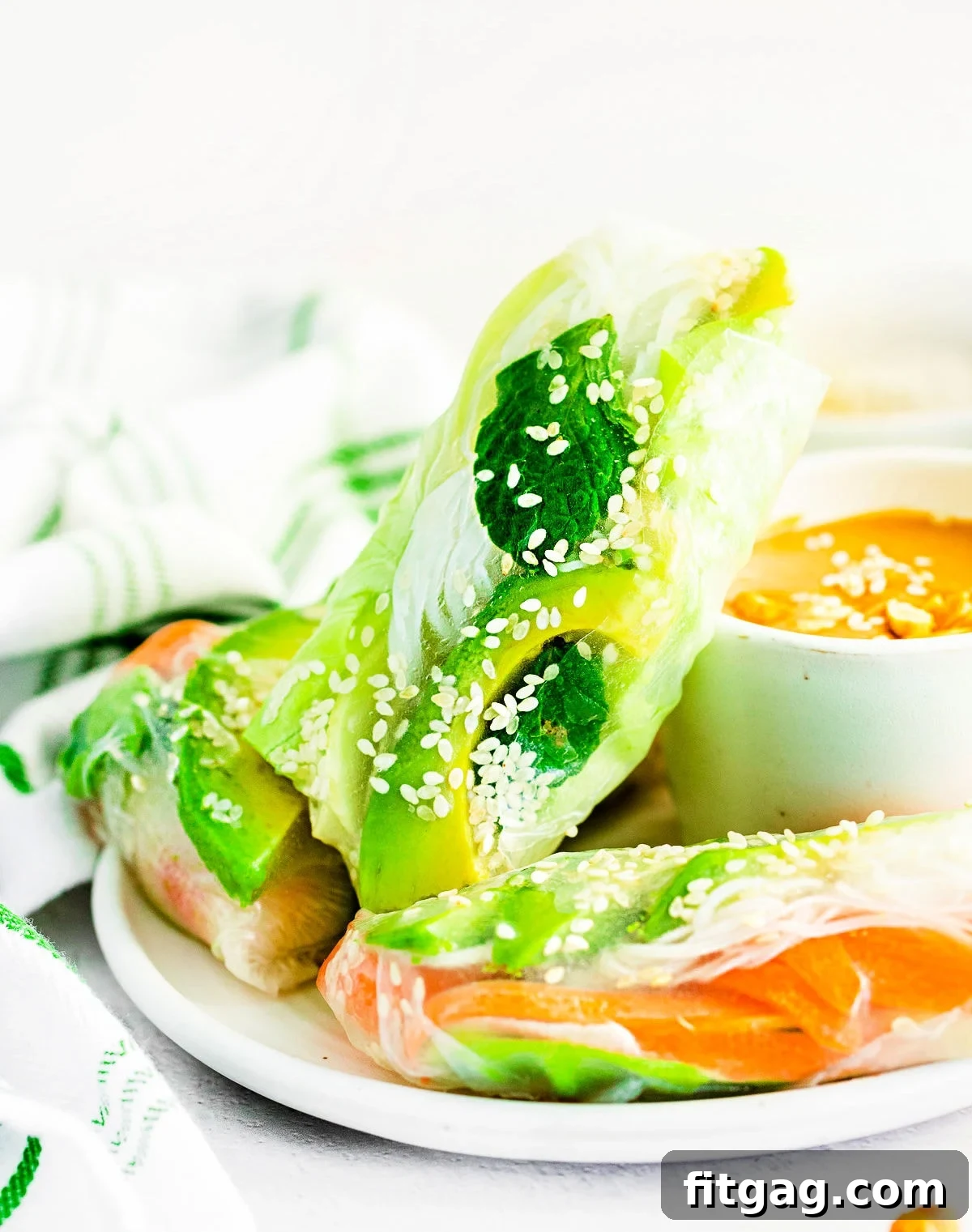 Three perfectly assembled summer rolls artfully arranged on a white plate, accompanied by a small bowl of creamy peanut dipping sauce.