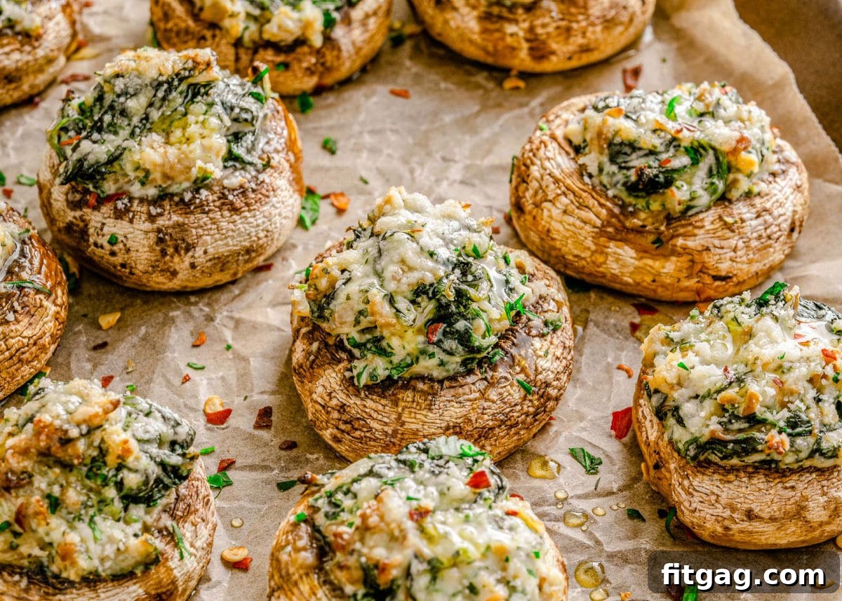 Irresistible Stuffed Mushrooms 4 A close-up view of several baked stuffed mushrooms, adorned with red pepper flakes and grated Parmesan, ready for serving.