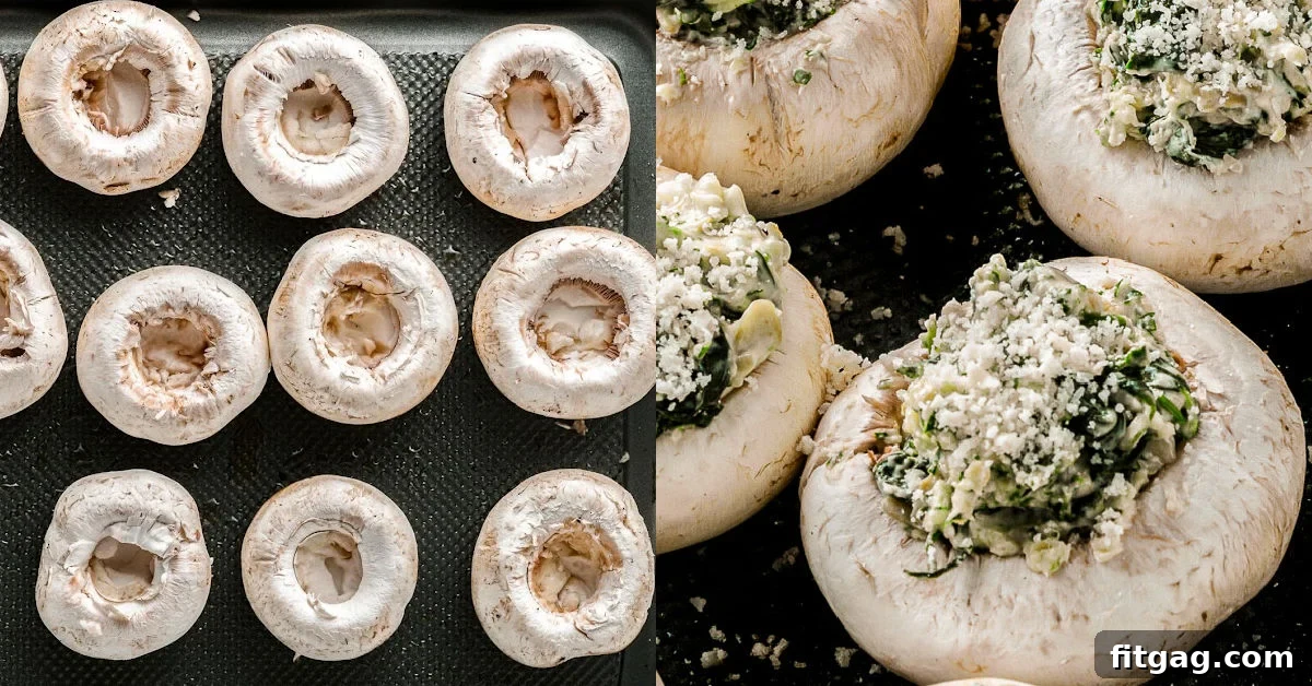 Irresistible Stuffed Mushrooms 5 A two-part image collage showing cleaned mushroom caps ready for stuffing, and then filled mushroom caps on a baking sheet, ready for the oven.