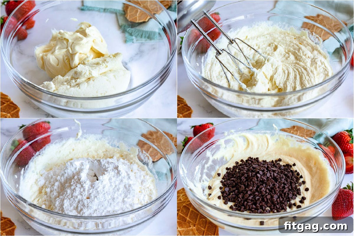 four image collage showing cannoli dip being made in a large glass bowl.