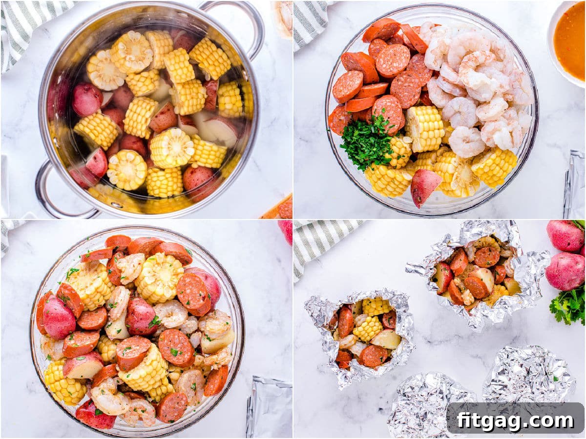 Effortless Shrimp Foil Packs 5 four image collage showing how to prepare shrimp foil packets for grilling or oven.
