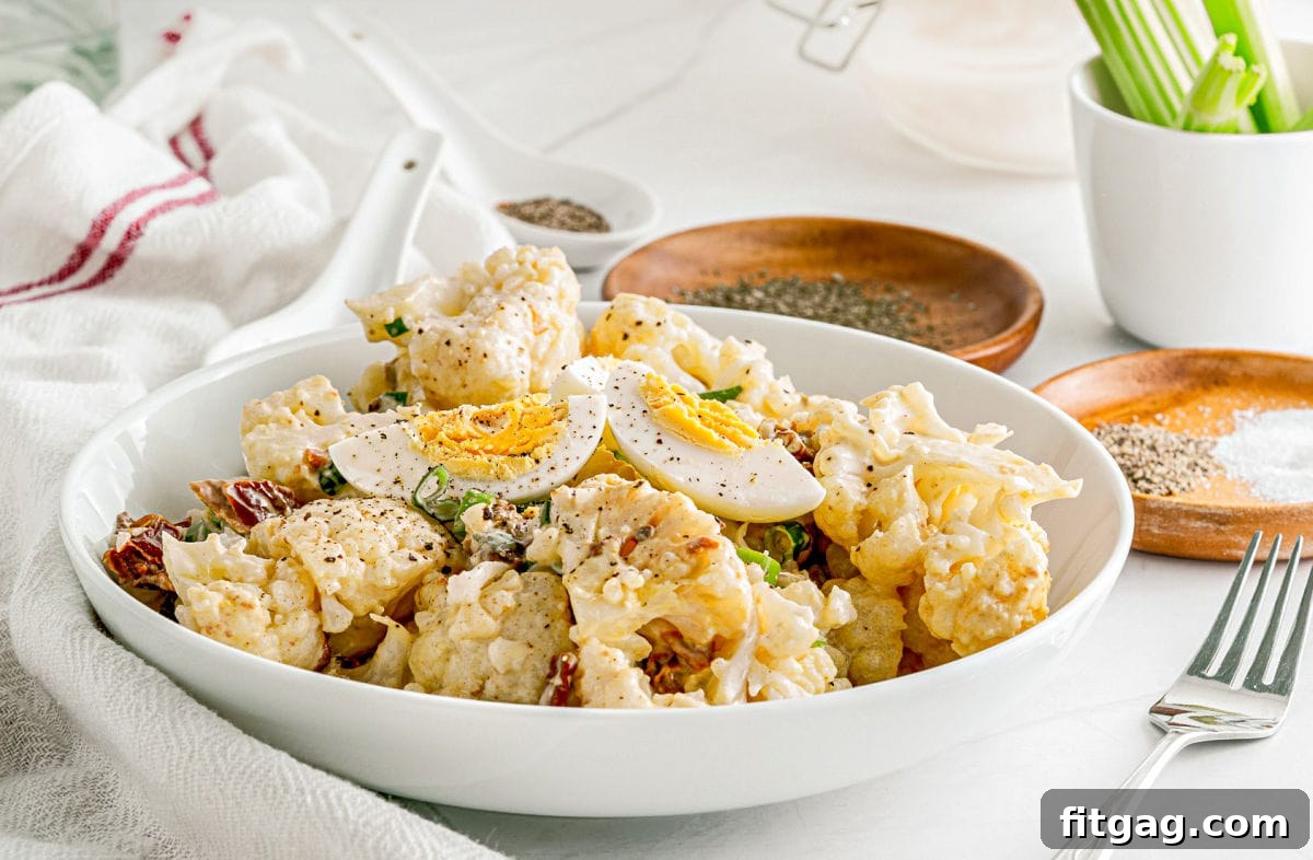 Bowl of cauliflower potato salad topped with quartered hard-boiled eggs and a sprinkle of black pepper, ready to be served.
