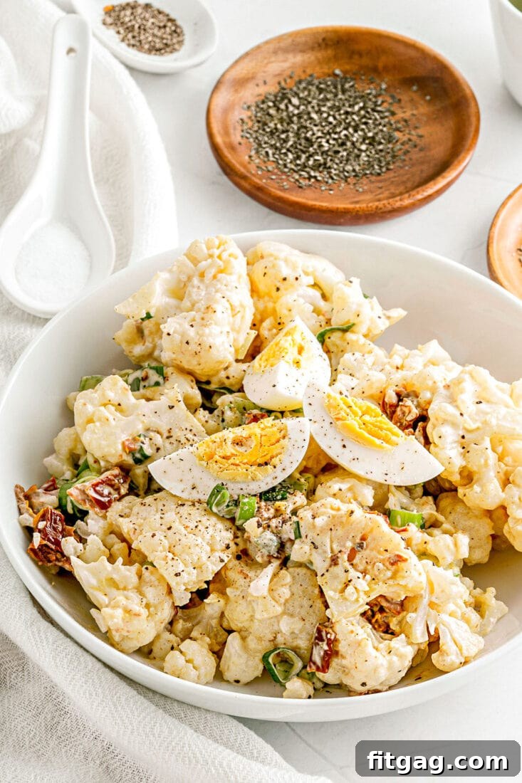 Cauliflower salad prepared like potato salad in a white bowl, garnished and ready to serve at a gathering.