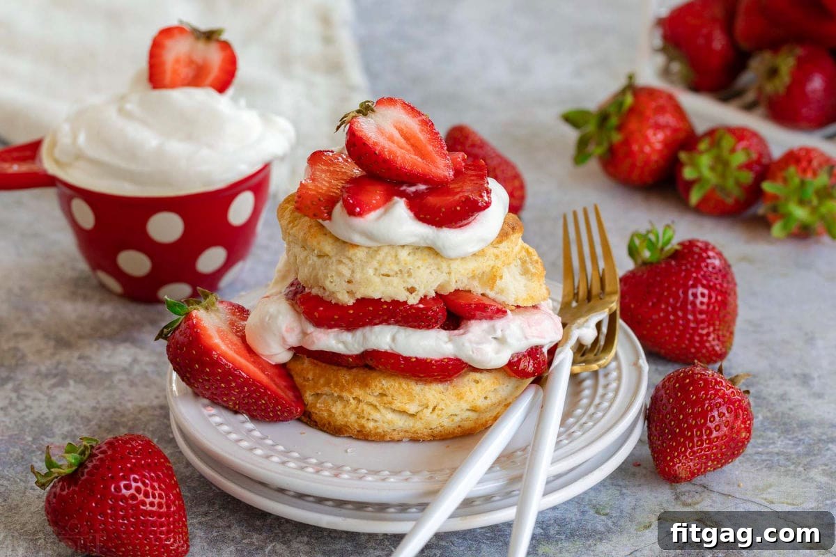 An easy strawberry shortcake assembly featuring homemade biscuits, luscious whipped cream, and vibrant macerated strawberries, elegantly arranged on a white plate with additional fresh berries and cream in the background.