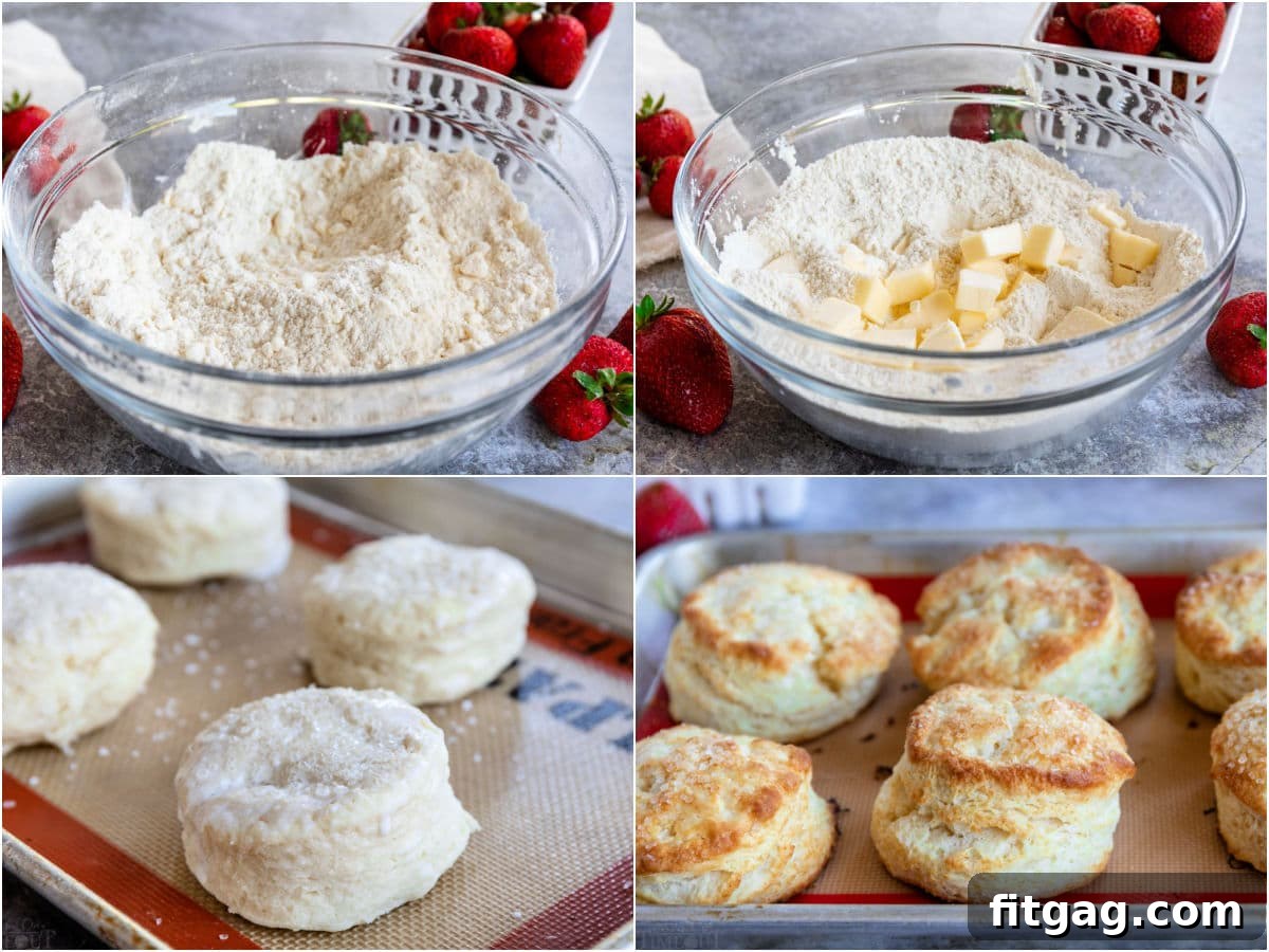 A four-image collage illustrating the step-by-step process of making homemade biscuits for strawberry shortcake.