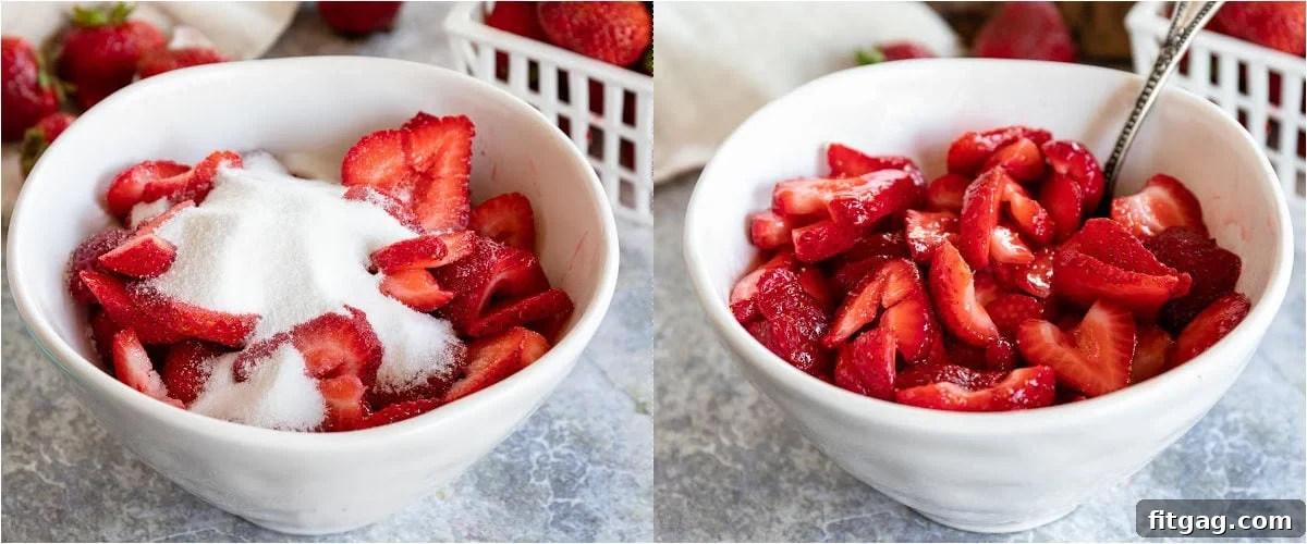 A two-image collage demonstrating the maceration process of fresh strawberries in a large white bowl.