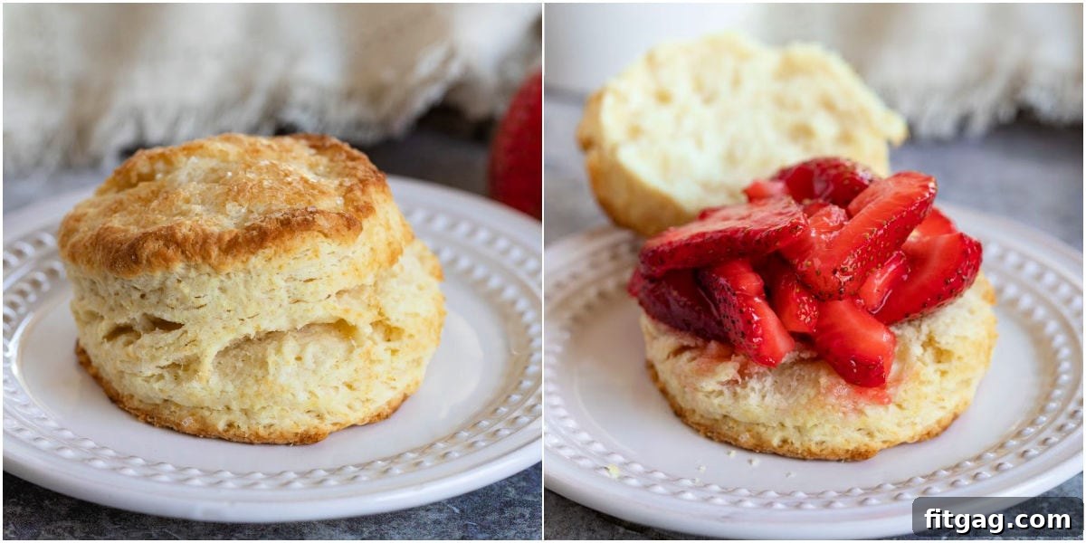 A two-image collage illustrating the final steps of assembling a strawberry shortcake, showing how to layer the biscuit, strawberries, and whipped cream.