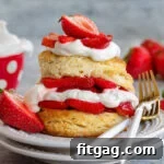Strawberry shortcake on white plate with layers of macerated strawberries and freshly whipped cream. Two forks resting on the edge of the plate on one side and half a strawberry on the other.