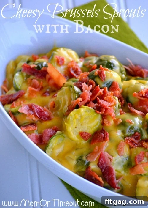 Cheesy Brussels Sprouts with Bacon | MomOnTimeout.com #side #recipe
