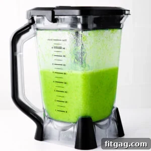 The Perfect Green Smoothie 9 green smoothie in blender with black detailing. the color is bright and vibrant and the smoothie is ready to be served.