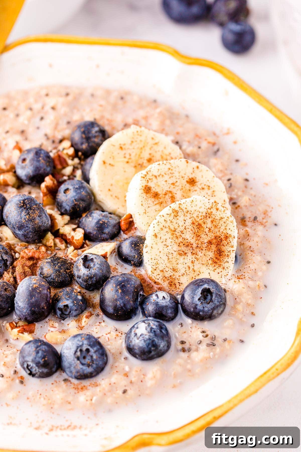 Creamy Instant Pot Steel Cut Oats 2 close up look at steel cut oats in bowl topped with blueberries, banana slices and pecans.