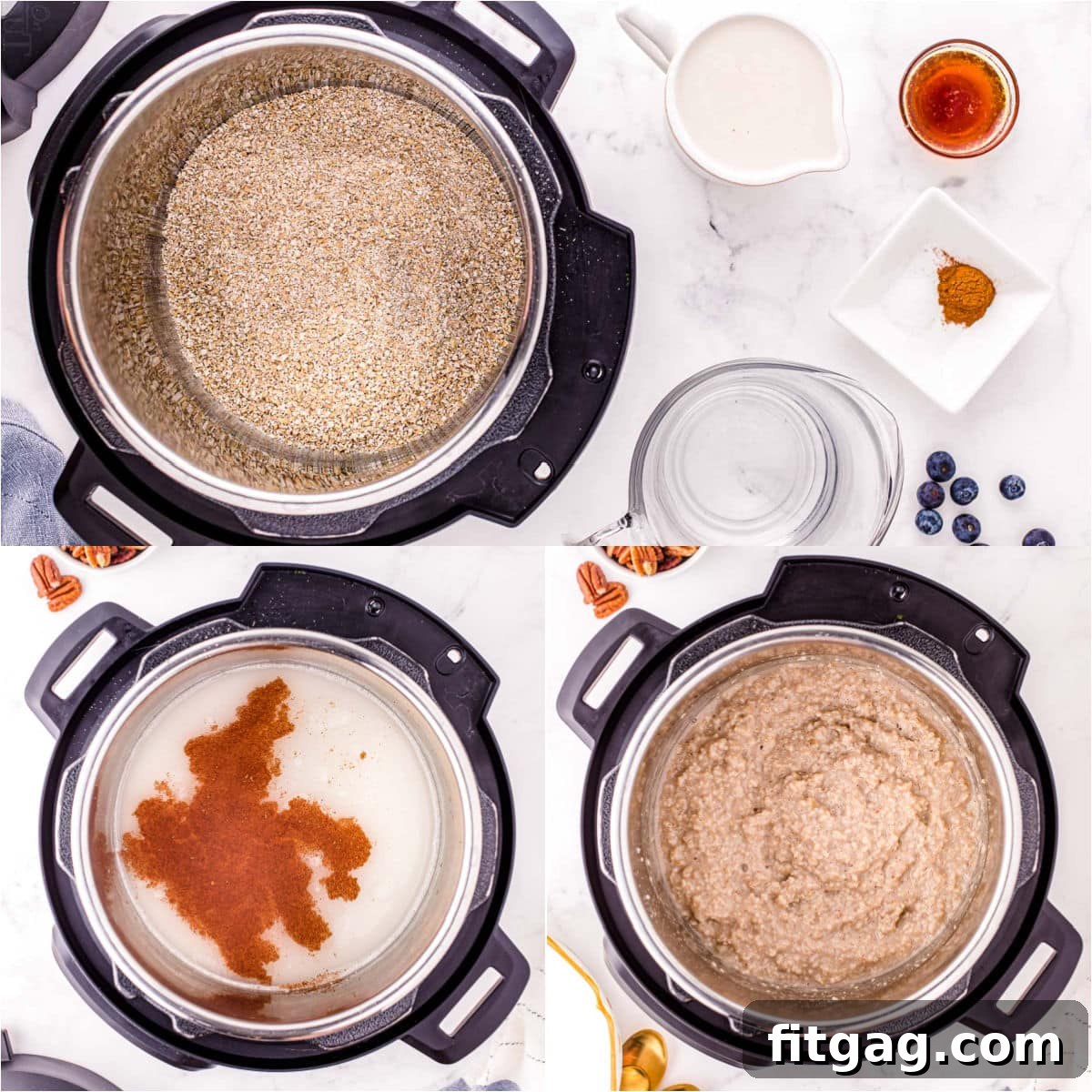 Creamy Instant Pot Steel Cut Oats 5 three image collage showing how to make instant pot steel cut oats.