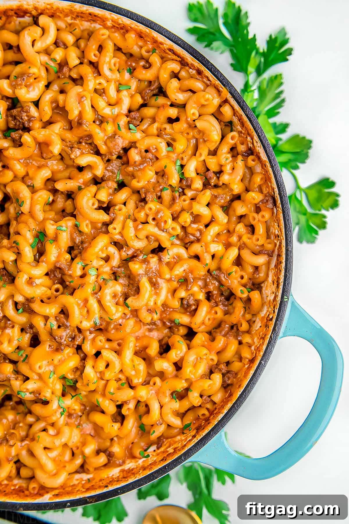 close up look at hamburger helper in large skillet ready to be served.