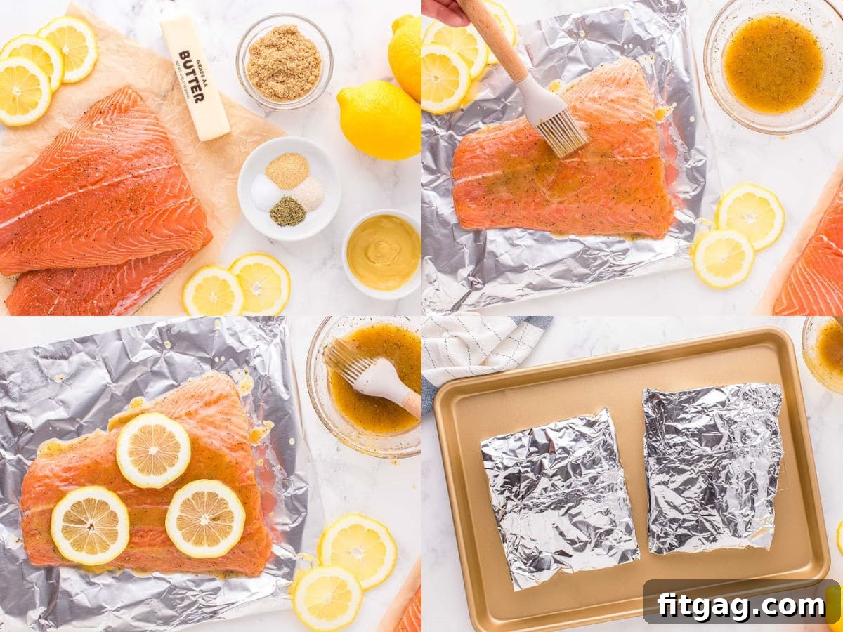 A four-image collage demonstrating the step-by-step process of baking salmon in foil within an oven.