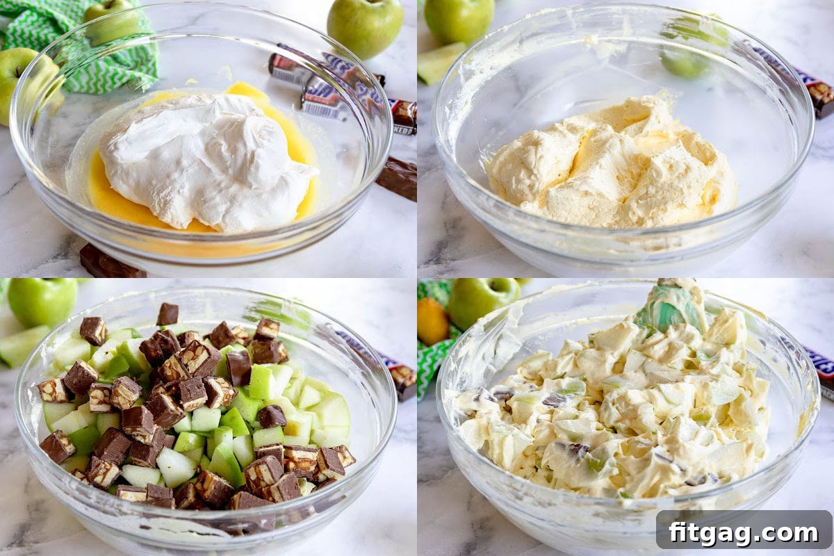Snickers Caramel Apple Delight 6 four image collage showing how to make candy salad.