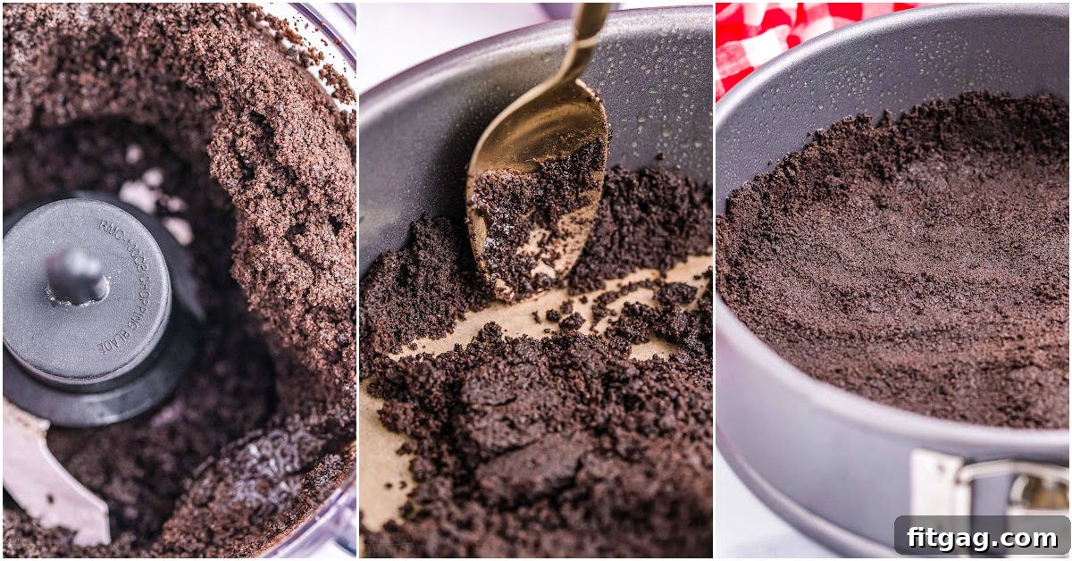 Ultimate Oreo Cheesecake 5 A three-image collage visually guides the process of making an Oreo crust for a cheesecake, showing crushed Oreos, mixed crumbs with butter, and the crust pressed into a springform pan.