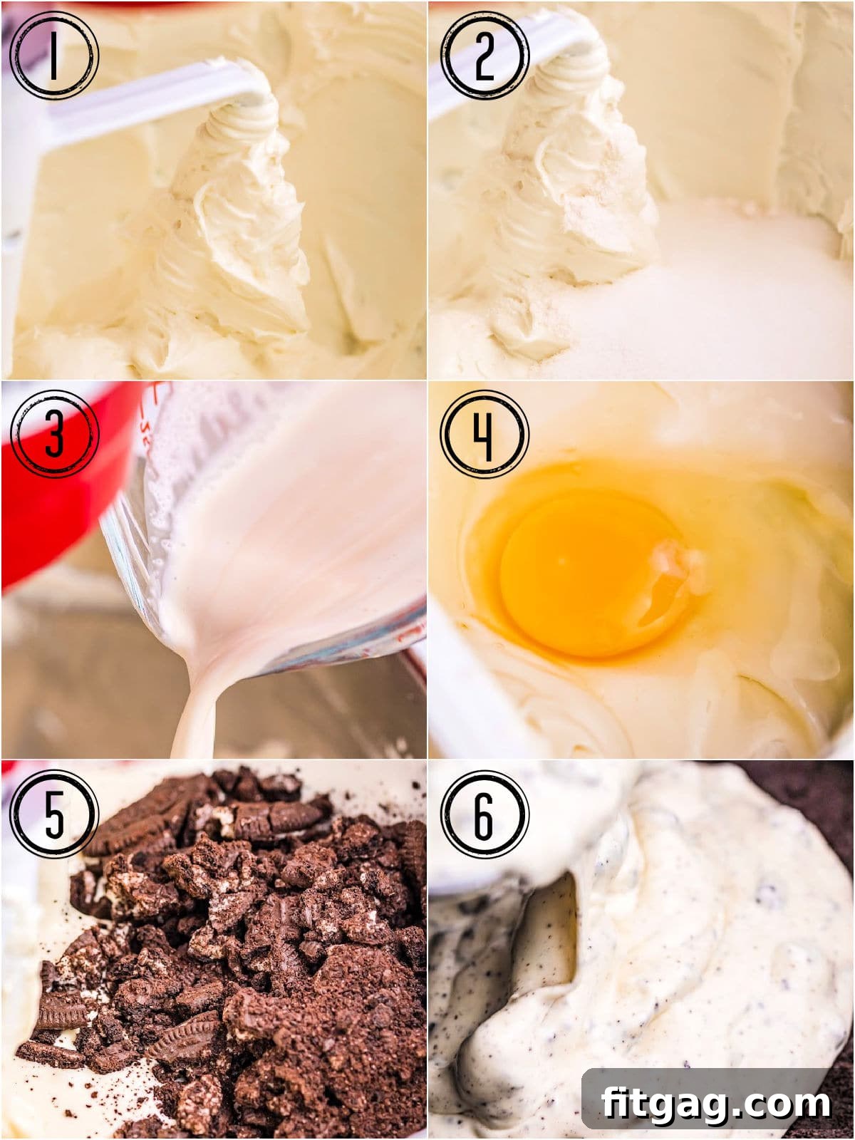 Ultimate Oreo Cheesecake 6 A six-image collage illustrates the detailed process of preparing a baked Oreo cheesecake, from mixing the creamy filling to baking and chilling stages.