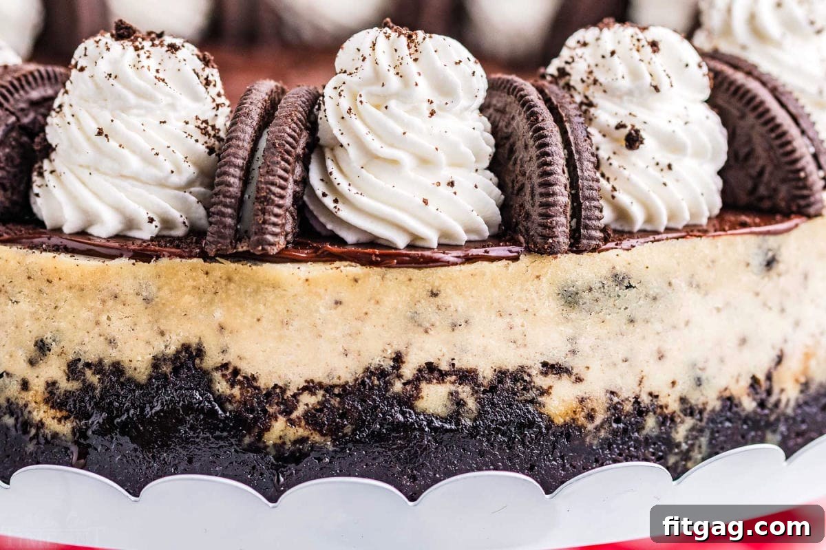 Ultimate Oreo Cheesecake 7 A close-up photograph showcasing the intricate details of fluffy whipped cream swirls and crunchy Oreo cookie pieces crowning the top of a finished Oreo cheesecake, ready for enjoyment.
