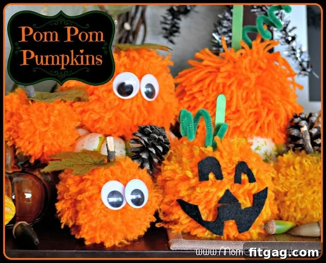 A collection of colorful handmade pom pom pumpkins with various stems and decorations, perfect for Halloween and fall crafting. Easy DIY project for kids and families.