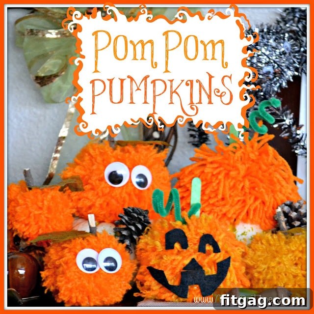 Two vibrant pom pom pumpkins with different expressions, showcasing the fun and creativity of this Halloween craft project.