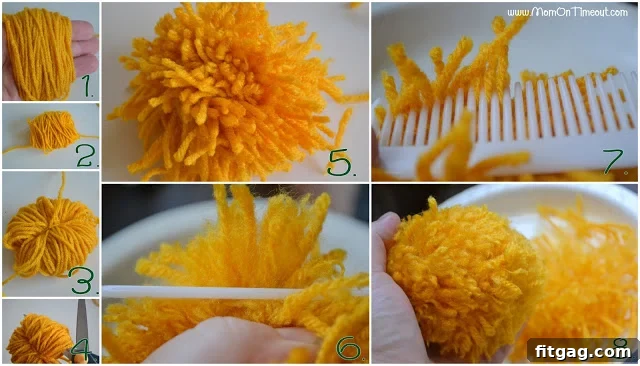 Comparison of a combed pom pom and an un-combed pom pom, showing the difference in fullness and texture after trimming.