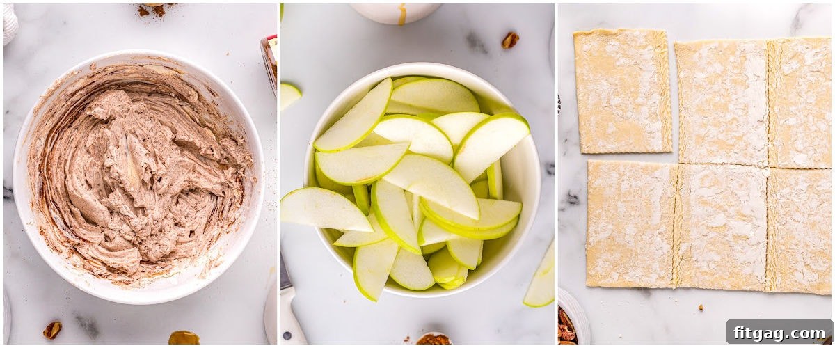 Effortless Caramel Apple Tart 5 three image collage showing how to prep each component of the apple tart recipe.