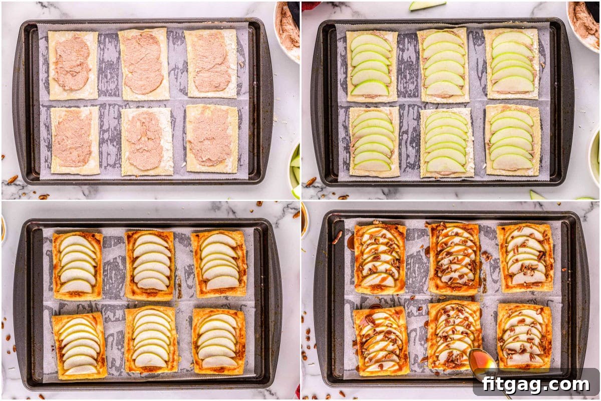 Effortless Caramel Apple Tart 6 4 image collage showing how to assemble individual apple tarts with caramel sauce.