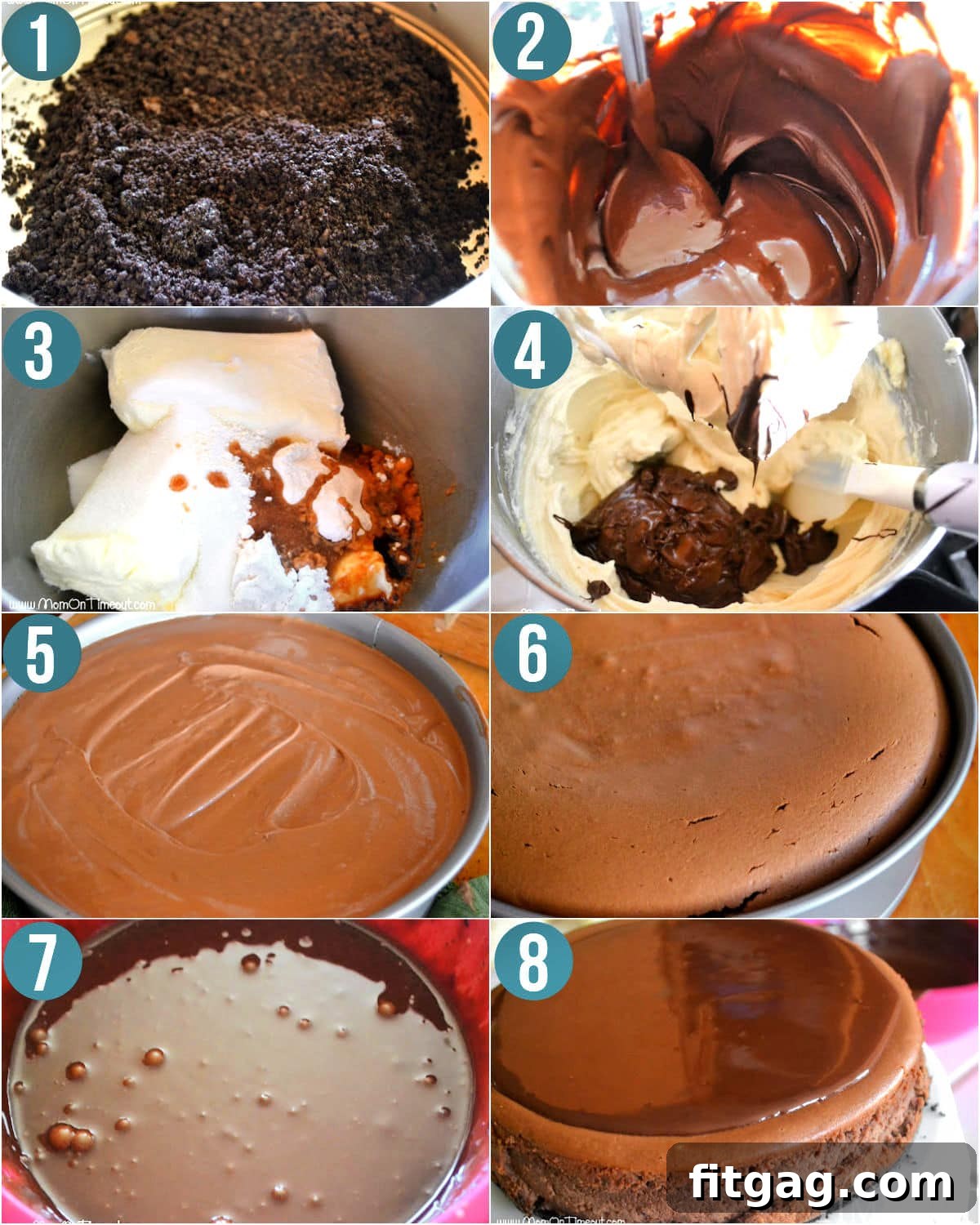 Eight image collage showing how to make chocolate cheesecake step by step.