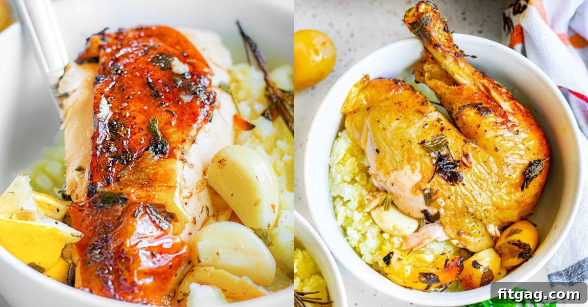 two image collage with pieces of chicken ready to be enjoyed from a roasted chicken.