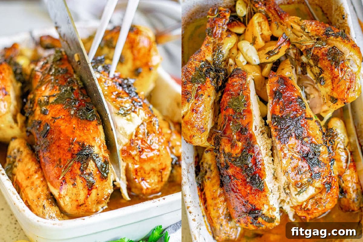 two image collage showing how to carve a roasted chicken.