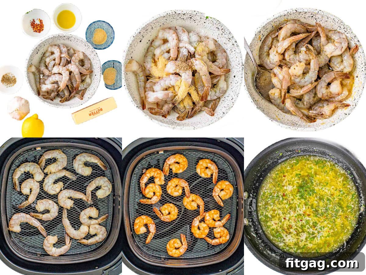 Effortless Air Fryer Shrimp 6 Six-image collage demonstrating the step-by-step process of preparing and cooking shrimp in an air fryer, from seasoning to cooking.