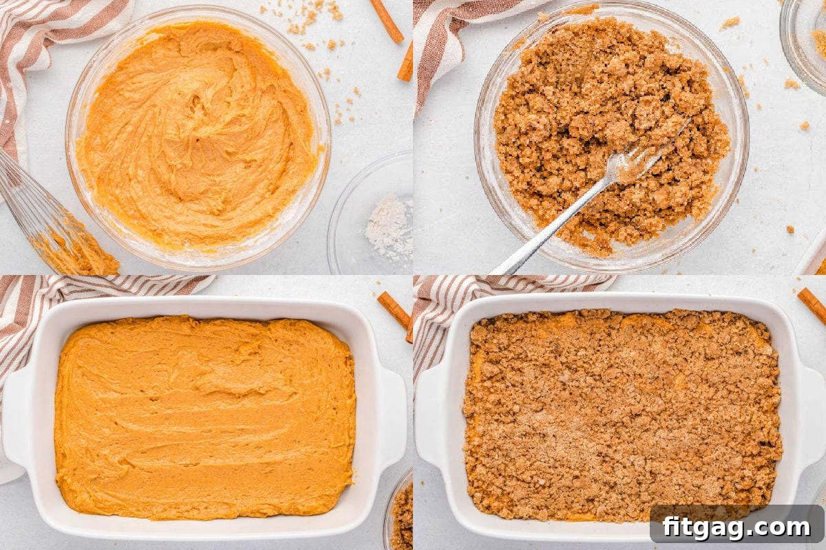 A four-panel photo collage illustrating the step-by-step process of preparing a delicious pumpkin cake with a streusel topping, from mixing ingredients to readying for the oven.