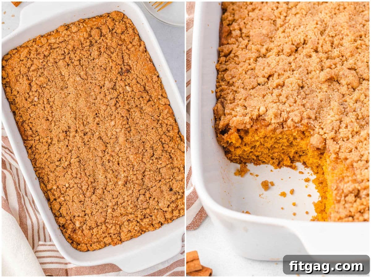 A two-panel collage showcasing a delicious Pumpkin Coffee Cake with streusel topping. One image displays the whole cake, while the other features a slice elegantly removed, revealing the moist interior.