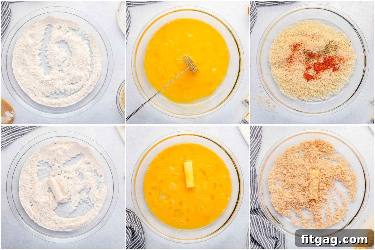 Golden Gooey Air Fryer Mozzarella Sticks 5 A six-image collage illustrating the step-by-step preparation of mozzarella sticks before air frying, showing the breading process and freezing.