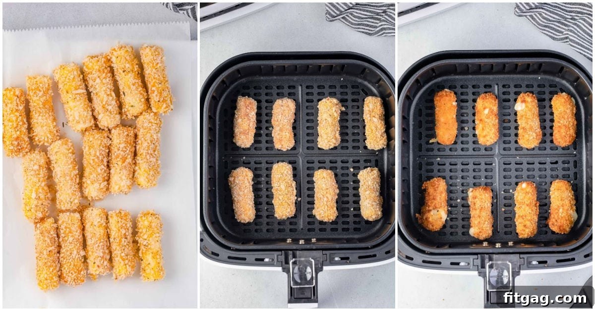Golden Gooey Air Fryer Mozzarella Sticks 6 A three-image collage showing frozen mozzarella sticks being placed into the air fryer, during cooking, and finally, perfectly golden and crispy.