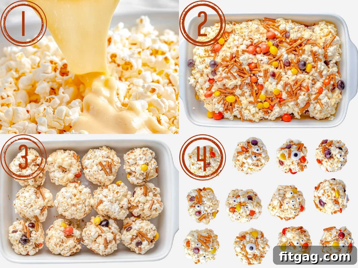 four image collage showing how to make halloween popcorn balls