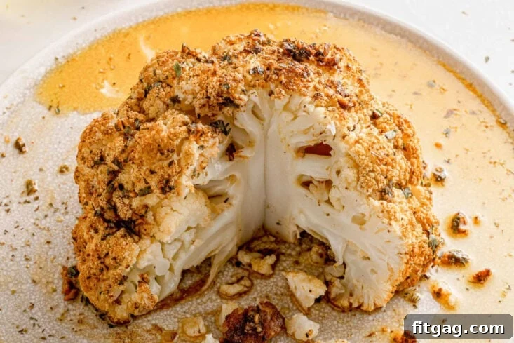 Golden Roasted Cauliflower 4 An overhead shot showcasing a whole roasted cauliflower head, beautifully drizzled with olive oil and generously seasoned with vibrant paprika and fresh parsley.