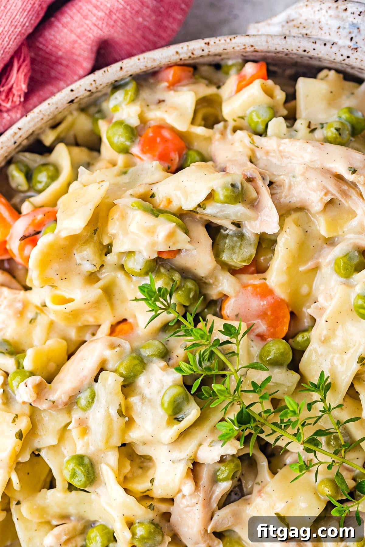 close up look at how creamy the chicken and noodles recipe is. 