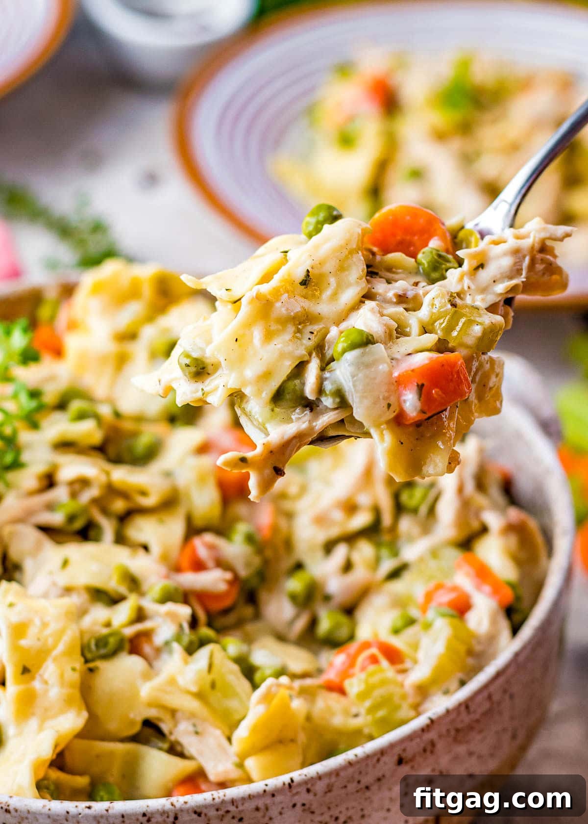 spoonful of chicken noodles dish being held up over the serving bowl.g