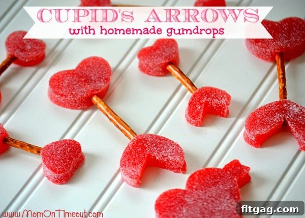13 Valentines Day Treats and Handmade Creations 3 Homemade Cupid's Arrows crafted with vibrant, delicious gumdrops, perfect for a fun Valentine's Day treat or party favor. A sweet and creative idea for kids and adults.